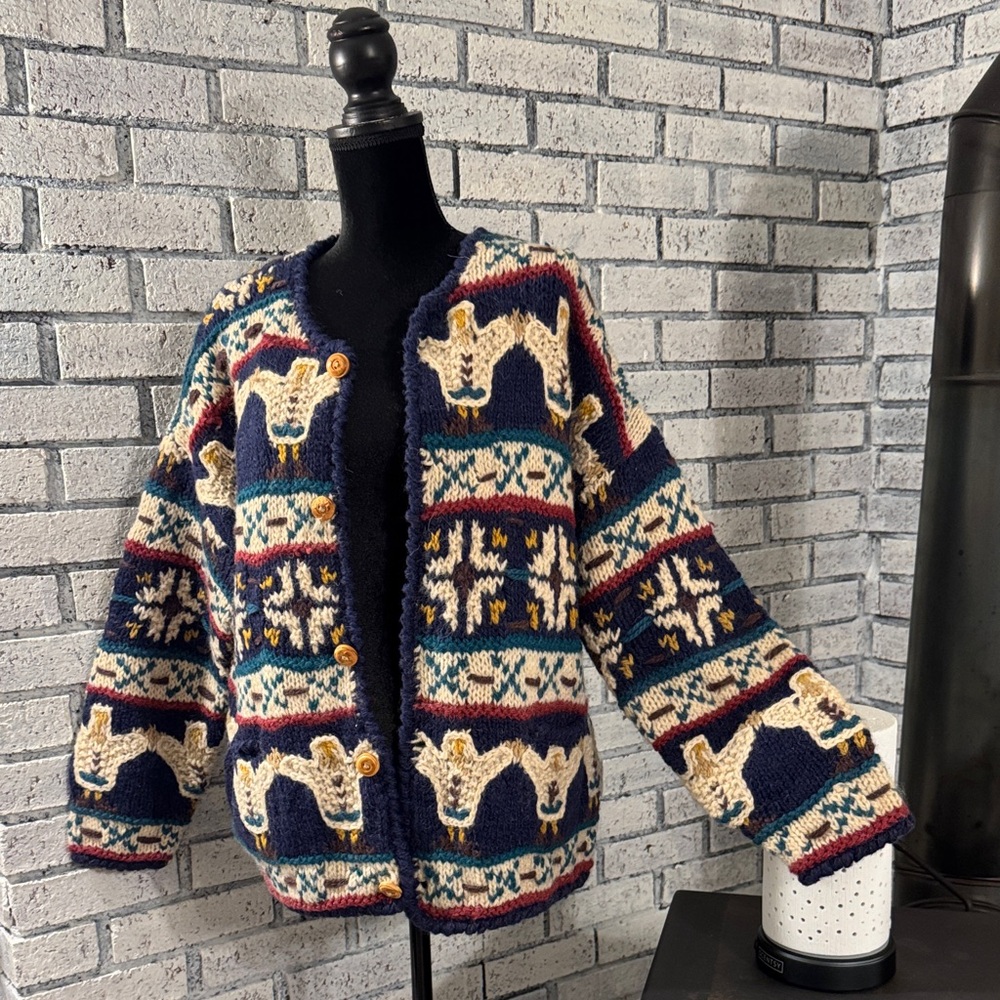 Express Multicolor Wool Cardigan Sweater Hand Knitted